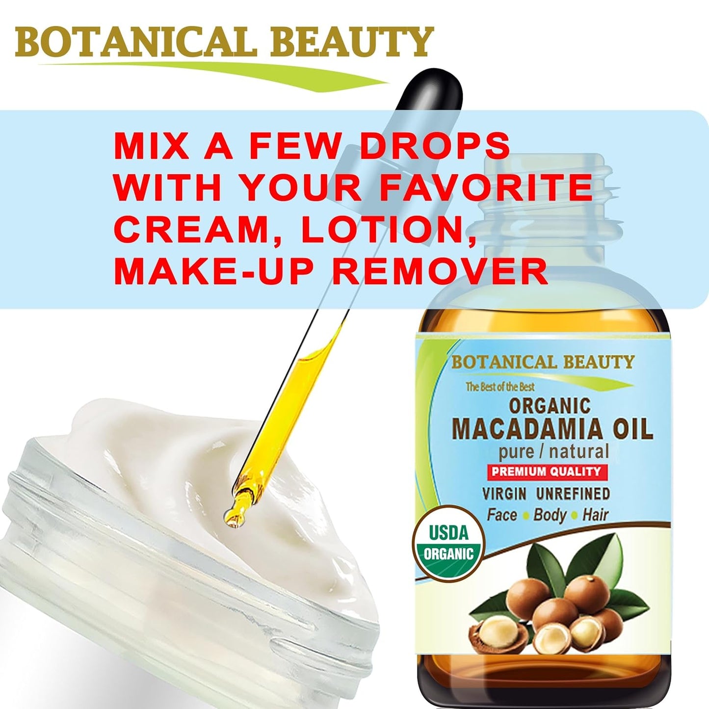 Botanical Beauty Organic MACADAMIA OIL 100% Pure Natural VIRGIN UNREFINED Cold-Pressed Carrier Oil for Face, Skin, Body, Hair, Lip, Nails. Rich in Vitamin E (2 Fl Oz)