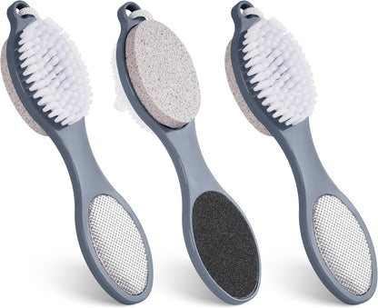 3 Pcs 4 in 1 Foot Brush for Use in Shower with Pumice Stone, Foot Rasp and Sandpaper, Foot Scrubber Brush for Feet, Dead Skin Remover for Foot Care