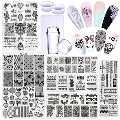 6pcs Lace Flower Design Nail Stamping Plate Kit With French Tip Nail Stamper Kit Ribbon Bow Knot Nail Stencil Reusable Stainless Steel Manicure Tool Nail Supplies for Salon DIY