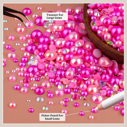 80g Flatback Pearls and Rhinestones for Crafting, Dark Pink 3-10mm Resin Rhinestones and Half Pearls for Bedazzling, Nail Art and Dec with 3pcs 10ml B7000 Jewelry Glue, Tweezer and Pickup Pencil