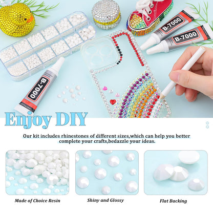 6000Pcs Resin Rhinestones for Bedazzling with 3Pcs B7000 Jewelry Glue, 1 Box White Flatback Rhinestones for Crafting Crafts DIY, Crystals Gems for Clothing Shoes Tumblers Nail Art Makeup