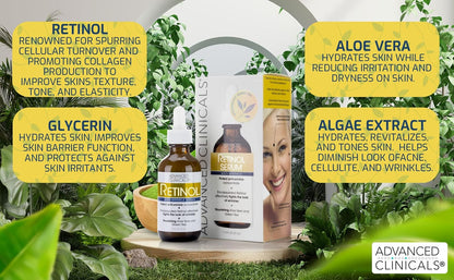 Advanced Clinicals Retinol Facial Serum Moisturizer Skin Care For Face, Anti Aging Retinol Concentrate Reduces Appearance Of Wrinkles & Fine Lines W/Nourishing Aloe Vera & Green Tea, 1.75 Fl Oz