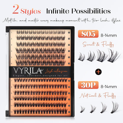 Lash Clusters Kit-VYRILA 0.07mm Wispy 8-14mix C Curl Eyelash Clusters with Lash Bond and Seal Waterproof, Eyelash Tweezers (30P+S05 KIT 192pcs-8-14mix)