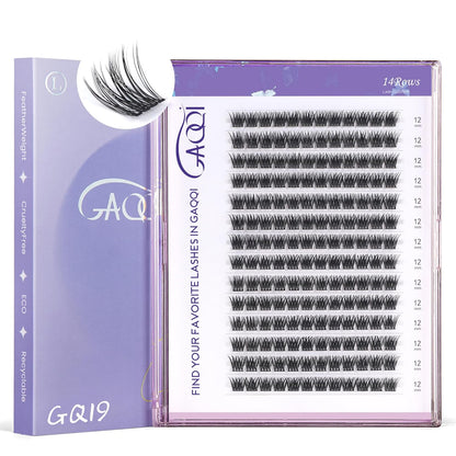 GAQQI Lash Clusters, GQ19 Individual Lashes 168pcs C Curl, DIY Lash Extension 12mm Length Only False Eyelash Clusters, Natural & Wispy Lash Wisps (GQ19,C Curl,12mm)