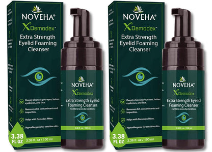 NOVEHA Demodex Eyelid Cleanser Foam | Extra Strength Tea Tree Oil Formula | Daily Face Wash For Eyelash, Demodex, MGD, Stye Eyes, Eye Irritations & Skin Dryness, 3.38 fl. oz. (100ml) - (Pack of 2)
