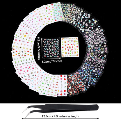 Blulu 5000 Pcs Flower Nail Stickers 100 Sheets 3D Self Adhesive Nail Stickers Multi Design Decals Multicolor Flower Manicure Decals with Tweezer(Retro Floral Series)