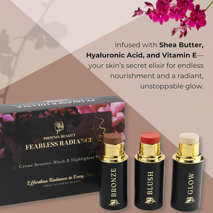 Cream Contour Stick Set – Blush, Bronzer & Highlighter Trio | Hydrating, Buildable, High-Pigment Makeup with Shea Butter & Vitamin E | Phoenix Beauty Gift Set (Luminous)