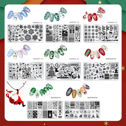 Christmas Nail Stamping Plates - Winter Stamp Kit with Snowflake, Santa Claus, Christmas Tree, Elk & Candy Bells Designs - DIY Stainless Steel Nail Image Polish Template Kit (8Pcs)