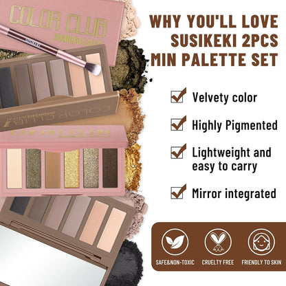 2PCS 6 Colors Mini Eyeshadow Palette Makeup with Brush Set Neutral Nude Eye Shadow Brown & Olive-colored Matte Shimmer Make Up Pallet with Mirror Highly Pigmented Travel Size Gift Kit