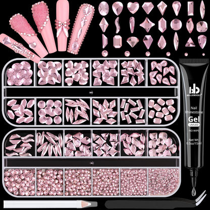 1680Pcs Pink Glass Nail Rhinestones 180Pcs Multi Shapes Flatback Nail Gems + 1500Pcs 1.5-4mm Round Crystal with Rhinestones Glue Gel, Manicure Nail Charms Diamond Gemstones for Nail Art