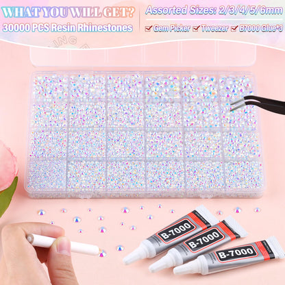 30000Pcs Resin White AB Rhinestones for Bedazzling Crafting with b7000 Jewelry Glue, Bulk Flatback Gems Bedazzler Kit for Crafts Clothes Shoes Fabric Nail Diamond Art, Assorted Size 2/3/4/5/6mm