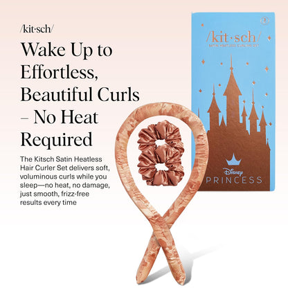 Disney & Kitsch Satin Heatless Hair Curler Set - Heatless Curls Overnight, Hair Rollers for Soft Curls & Frizz-Free Styling, No Heat Curlers To Sleep in, Curling Rod Headband - Princess Party