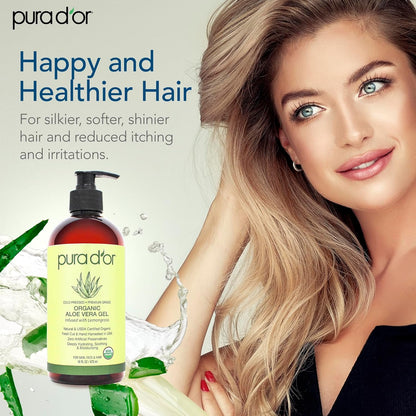 PURA D'OR 16 Oz ORGANIC Aloe Vera Gel - Lemongrass - All Natural - ZERO Artificial Preservatives - Deeply Hydrating & Moisturizing - Sunburn, Bug Bites, Rashes, Small Cuts, Eczema Relief - Skin & Hair