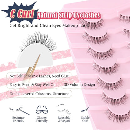 Eyelashes Natural False Lashes 14mm Eye Lashes with Thin Band 3D Volume Fake Eyelashes C Curl Wispy Lashes Natural Look 7 Pair