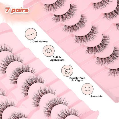 Lashes Natural Wispy Eyelashes 15mm Strip Lashes Pack False Eyelashes 0.1MM Thin Band C Curl Eye Lashes 3D Volume False Eyelashes Siligli Lashes 7 Pair
