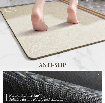 Beige Bathroom Mat Rugs 15.7" x 47.2" Super Absorbent Quick Drying Diatomaceous Earth Bath Mats for Bathroom Non Slip Rubber Backed Thin Bathroom Rugs Floor Mat, Machine Washable
