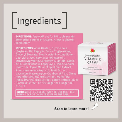 Reviva Labs Vitamin K Crème for Bruising, Under-Eye Dark Circles, and Wrinkles with Soybean Oil and Natural Fruit Extracts - 2 Oz, for Skin and Face