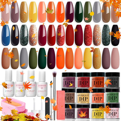 AZUREBEAUTY Dip Powder Nail Kit Starter Fall Autumn Orange Green Glitter Red 20 Colors Acrylic Dipping Powder Liquid Set with Base/Top Coat for French Nails Art Manicure Beginner DIY Salon Home