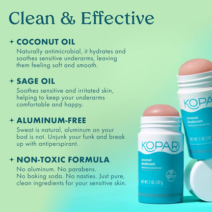 Kopari Aluminum Free Coconut Deodorant, Non Toxic & Clean Plant-Based, No Aluminum, Parabens or Baking Soda, Long Lasting Protection, Beach 2 oz