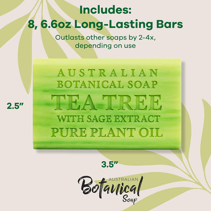 Australian Botanical Soap, 6.6 OZ, Tea Tree with Sage Extract, Triple Milled Bars made with a Natural Soap Base and Enriched with Organic Shea Butter, Pack of 8