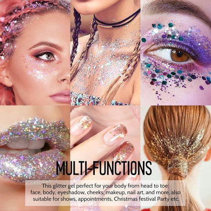 Ownest 12 Colors Holographic Chunky Glitter Gel Set, Christmas Party Makeup Face Body Eye Lips Hair Nail Cosmetic Festival Chunky Glitter Eyeshadow, Mixable, No Need Glue(B)