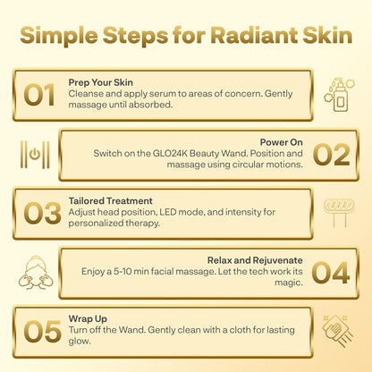 GLO24K 6-IN-1 Beauty Therapy Wand for the Face, Eyes, and Neck. Based on Dual LED Light Therapy, Thermal, Vibration, and Micro-Current Technologies.Skin Rejuvenation