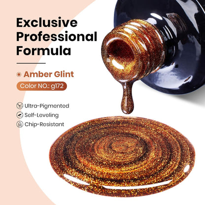 Beetles Brown Cat Eye Gel Nail Polish - Amber Glint Cat Eye Gel Polish, 15ML Fall Brown Gold Powder Magnetic Glitter Gel Polish Soak Off UV French Nail Art Salon DIY Manicure Gift for Women