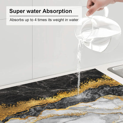 Gold and Black Grey Kitchen Drying Mat Black Gold Marble Decor Microfiber Dish Drainer Mat for Kitchen Counter Absorbent Reusable Washable 18x24 Inch