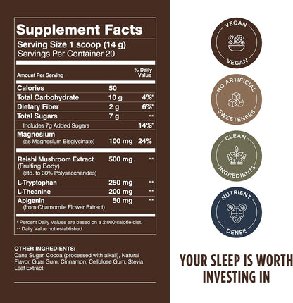 Calm Evening Tonic Sleep Powder - Cinnamon‑Cocoa Nighttime Superfood Drink Mix - Magnesium, L‑Theanine, Reishi Mushroom & L‑Tryptophan for Deep Sleep & Recovery, No Grogginess - 20 Servings