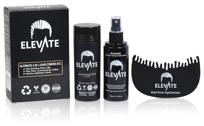 Elevate Hair Building Fibers 3-in-1 Kit for Thinning Hair (Black) Keratin Hair Thickening Powder with Fiber Lock Spray & Hairline Optimizer Comb - Instant Hair Concealer Waterproof for Men & Women