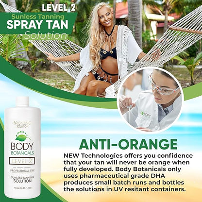 Professional Sunless Tanning Spray Tan Solution, Organic Essential Oils, Airbrush Formula, 33.8 Fl Oz. (Level 2 (10% DHA))