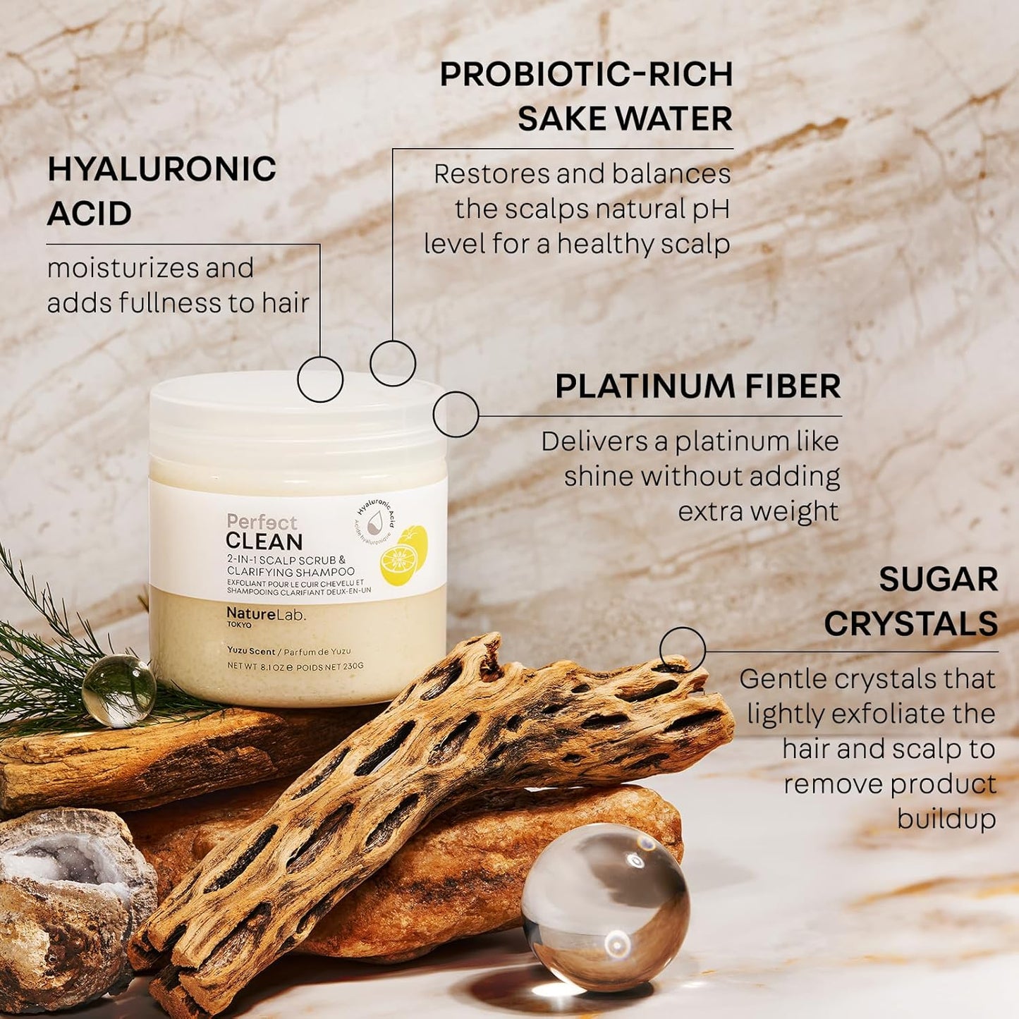 NatureLab.TOKYO Perfect Clean Scalp Scrub & Clarifying Shampoo - Sugar Crystals, Probiotic Sake Water, Hyaluronic Acid, Pearl Extract - 2-in-1 Deep Scalp Cleanser for Shine & Hydration, 8.1 oz, Yuzu