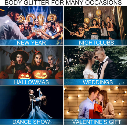 Cool Black Face Body Hair Glitter Gel for Halloween Party Festival Rave Accessories, Long Lasting Shimmer Holographic Chunky Mermaid Sequin Sparkling Paint Makeup for Women Kids, 1oz