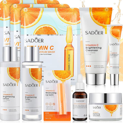 10 Pcs Skin Care Sets Face Care Set for Women Includes 1 Pcs Cleanser, Toner, Lotion, Eye Cream, Serum, Face Cream, Lip Balm and 3 Facial Masks Skincare Gift for Girls (Vitamin C)