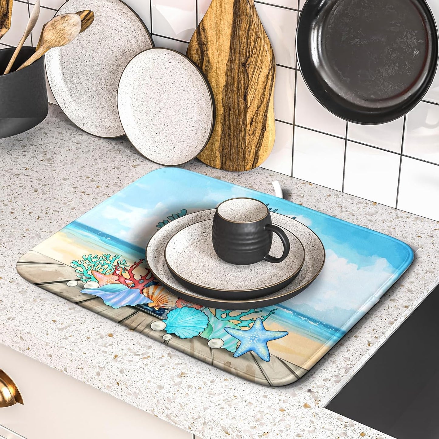 Coastal Coral Dish Drying Mat 16x18 inch Starfish Shell Fast Dry Microfiber Dish Rack Mats Drainer Pad for Countertop Kitchen Table Decor