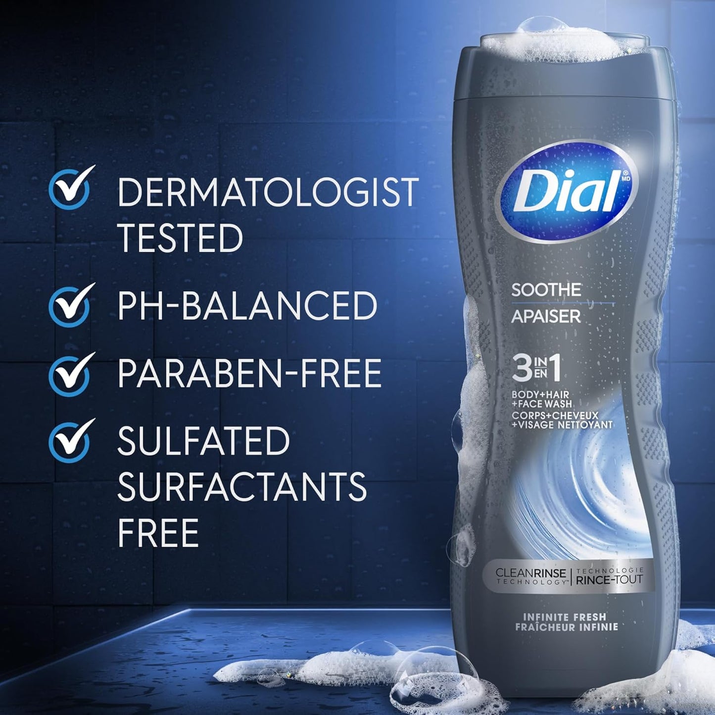Dial Men 3 in 1 Body, Hair and Face Wash, Soothe, 16 Fl Oz, Pack of 4, Infinite Fresh Scent, Cleanses Deep + Gentle on Skin with Clean Rinse Technology