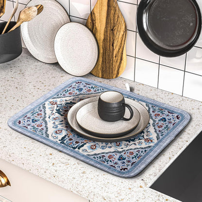 Boho Flower Dish Drying Mat Blue Bohemian Dishes Drainer Rack Mat 16x18 Inch Microfiber Kitchen Drying Pad for Countertop Tableware Decor