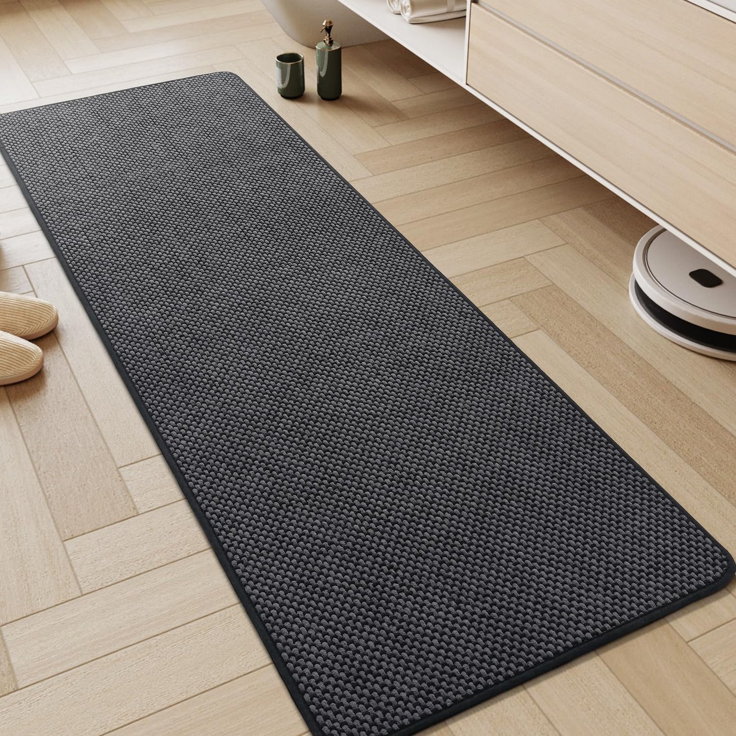 AMOAMI Chenille Bath Mat Super Absorbent Bathroom Mat Quick Dry Low Pile Bath Mats for Bathroom Washable Rubber Backed Bathroom Runners Fit Under Door, Front of Bathtub, Sink, Darkgrey&Black 17"x59"