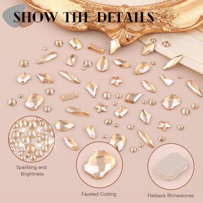 3220Pcs Champagne Gold Glass Nail Rhinestones 120Pcs Multi Shapes Flatback Nail Gems +3100Pcs 1.5-4mm Round Crystal with Rhinestones Glue Gel, Manicure Nail Charms Diamond Gemstone for Nail Art