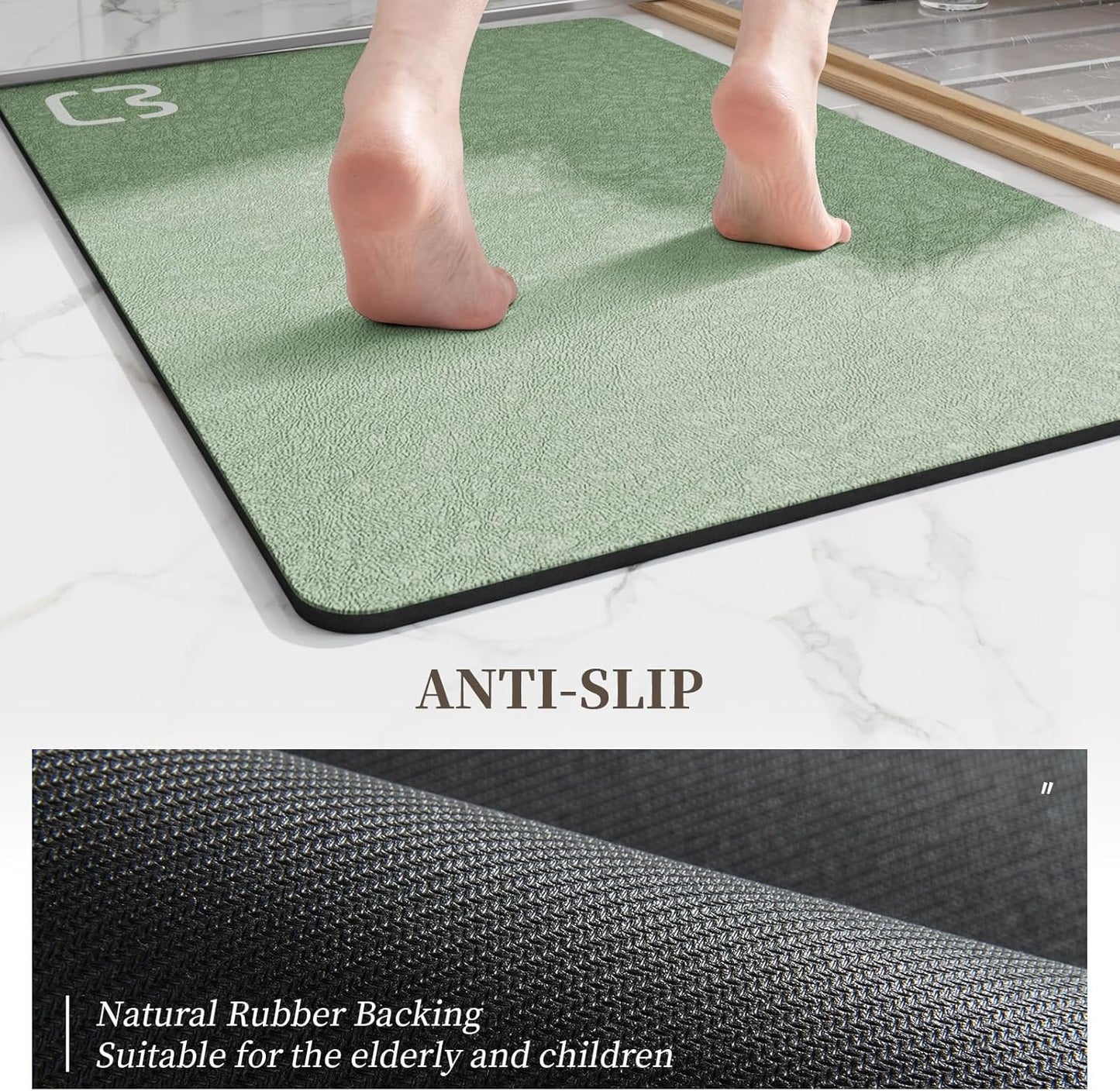 2 Piece Bathroom Rugs Mat Set - Quick Dry Diatomaceous Earth Bath Mat for Bathroom Non-Slip Bath Rug with Rubber Backing, Absorbent Bath Mats Thin Bath Floor Mat,15.7x23.6+15.7x47.2 Inch, Sage Green