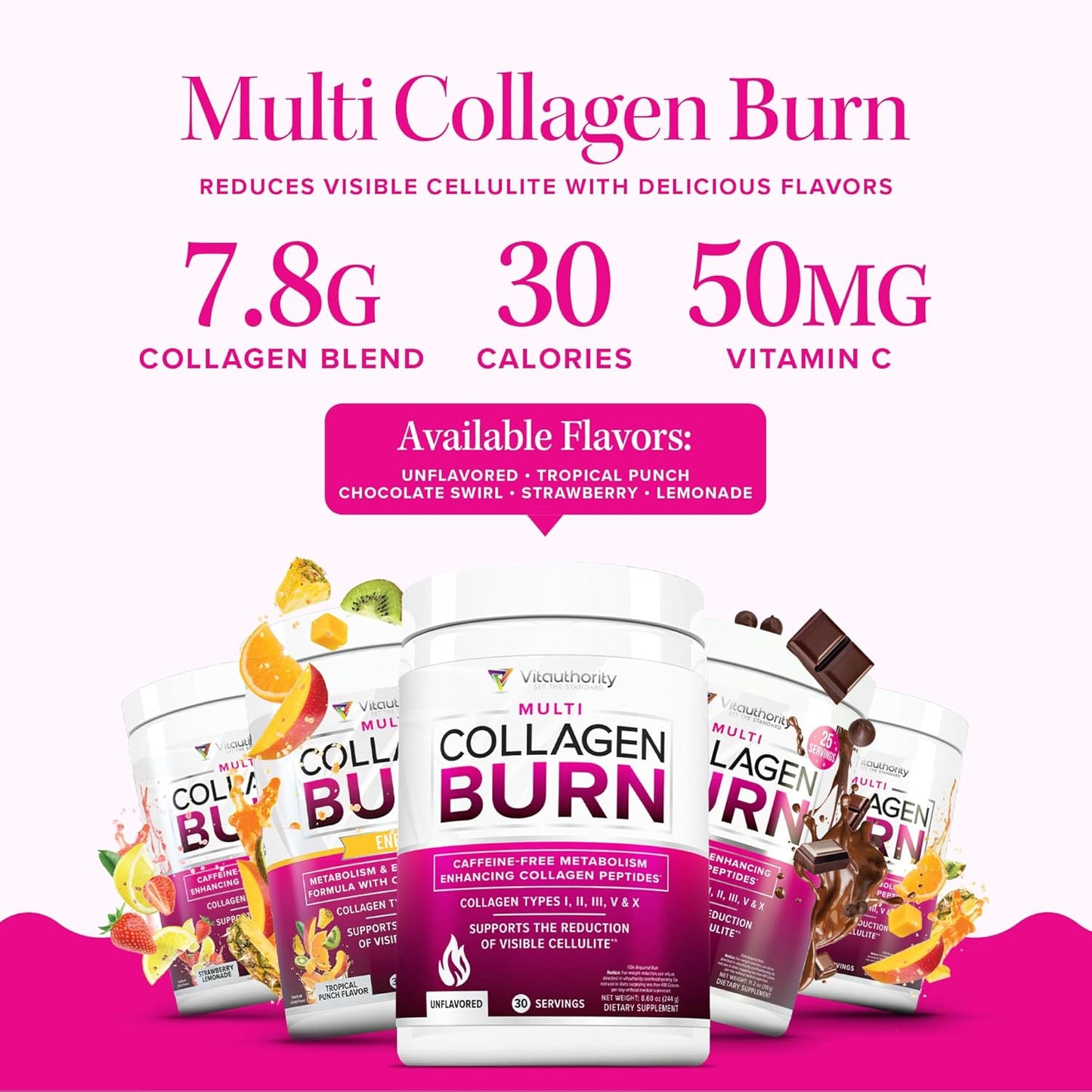 Multi Collagen Burn: Hydrolyzed Protein Peptides with Hyaluronic Acid, Vitamin C, SOD B Dimpless, Types I, II, III, V and X, Caffeine-Free Strawberry Lemonade Flavored 30 Servings