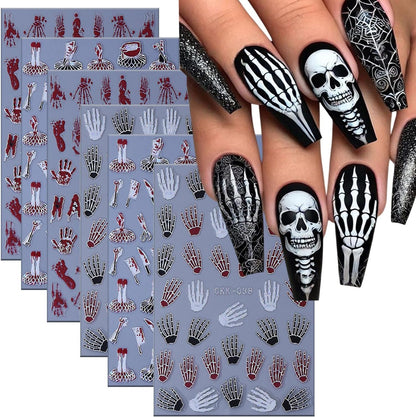 6 Sheets Halloween Nail Art Stickers 3D Self -Adhesive Bloods Hand Skeleton Nail Decals Holographic Blood Knives Nail Stickers Halloween Nail Decoration for Women Manicure Supplies