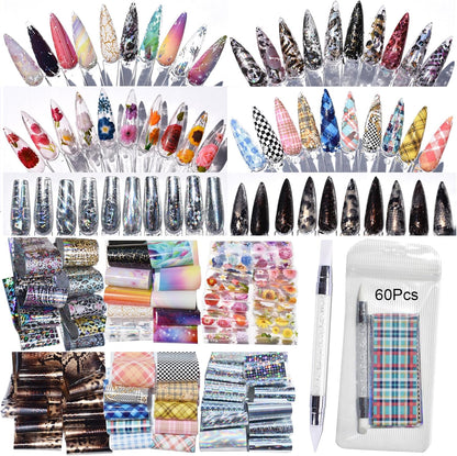 Nail Art Transfer Foils, 60 Pieces, Mixed Designs - Dried Flowers, Iridescent, Animal Print, Marble, Checkered Patterns, 1 Pcs Nail Art Engraving Pen Silicone Pen 7.87 x 1.57 inches(60)