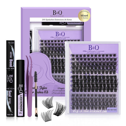 B&Qaugen Lash Clusters 156PCS Lash Clusters Kit B01+B02+B19 DIY Lash Extension Kit Eyelash Extension Kit 8-18mm Wispy Lashes Clusters with Lash Bond & Seal Lash Applicator Tool for DIY (Andromeda)