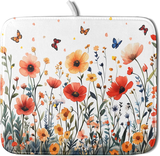 Poppy Flower Dish Drying Mat 16x18 Inch Floral Leaves Dish Drainer Protector Pad Washable Reversible Drying Pad for Kitchen Counter Sink