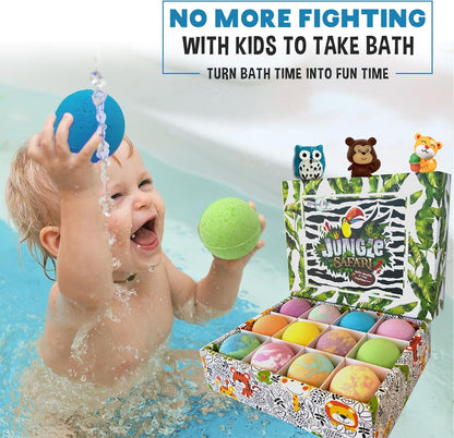 Bath Bombs for Kids with Surprise Inside, 12 Bubble Bath Fizzies with Jungle Animal Toys. Moisturizing, Gentle & Kids Safe, Rainbow Spa Bath Fizz, Birthday Gifts for Boys, Girls