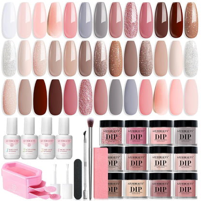 AZUREBEAUTY 31 Pcs Dip Powder Nail Kit 20 Colors Glitter Nude Brown Pink White Gray Dip Powder Liquid Set with Top/Base Coat Activator for French Nails Art Manicure DIY Salon Women Valentine's Gift