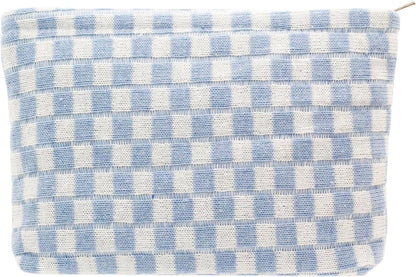 PAZIMIIK Knit Checkered Makeup Bag Large Zipper Make Up Accessory Pouch for Purse Cosmetic Brush Bag for Travel Essential,Blue