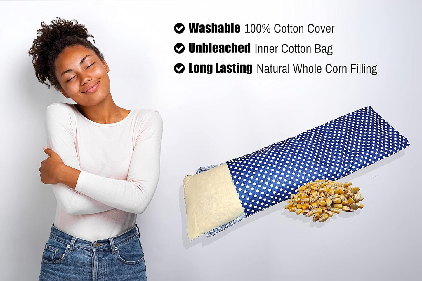 Microwavable Corn Filled Heating Pad and Cold Pack/Washable 100% Cotton Cover (Polka Dot - Blue, 5.25in W x 17.25in L)