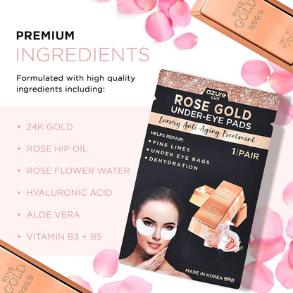 AZURE Rose Gold Luxury Anti Aging Under Eye Pads - Lifting, Smoothing & Hydrating Eye Mask Patches - Reduces Fine Lines, Wrinkles, Dark Circles & Puffiness - Skin Care Made in Korea - 5 Pairs
